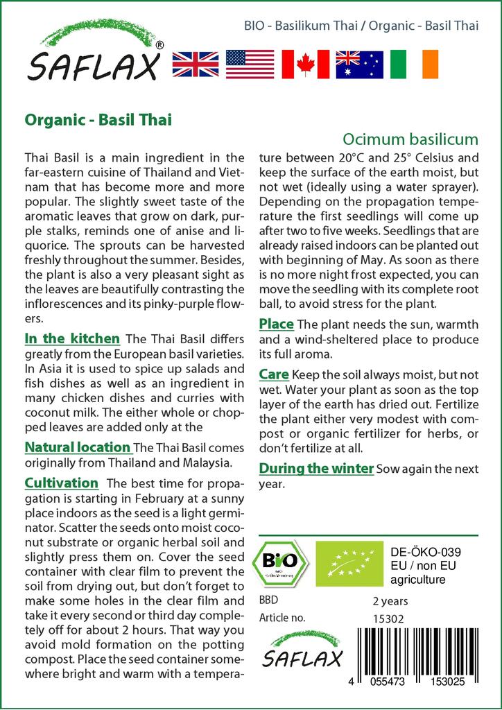SAFLAX Garden in the Bag - Органический - Базилик тайский - 250 семян - С субстратом в подходящем стоячем пакете - Ocimum basilicum
