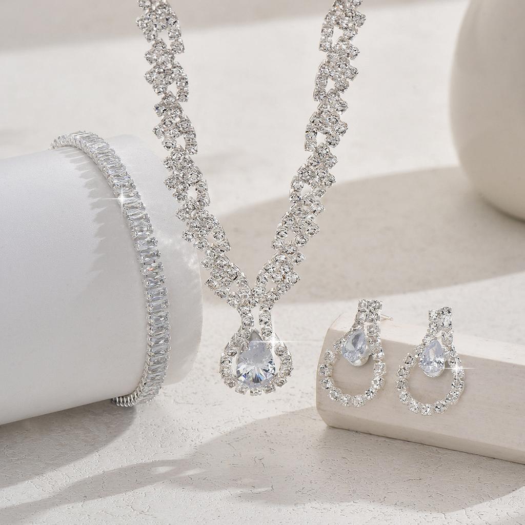 Fashion Bare Diamond Zircon Necklace Earrings Bracelet Women'S Set Super Flash Full Diamond Three-Piece Set