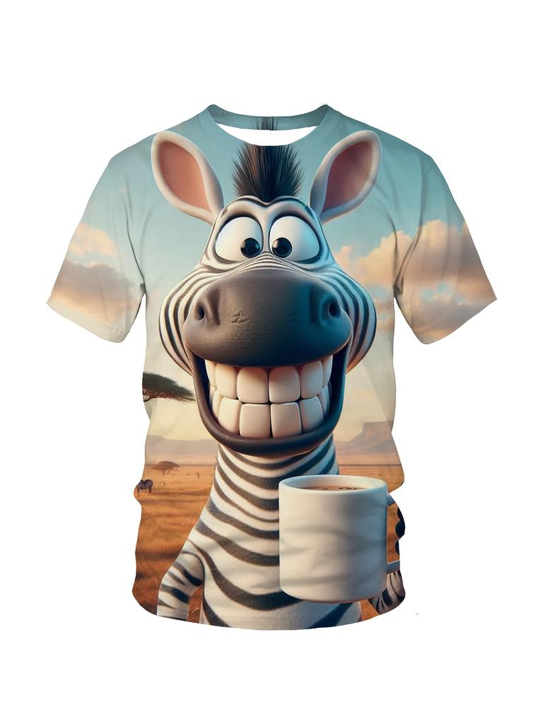 Men's Vintage Digital Print Zebra Pattern T-Shirt - Full-body Fun Zebra and Coffee Cup Design, Breathable Crew Neck Short Sleeve, Regular Fit Plus