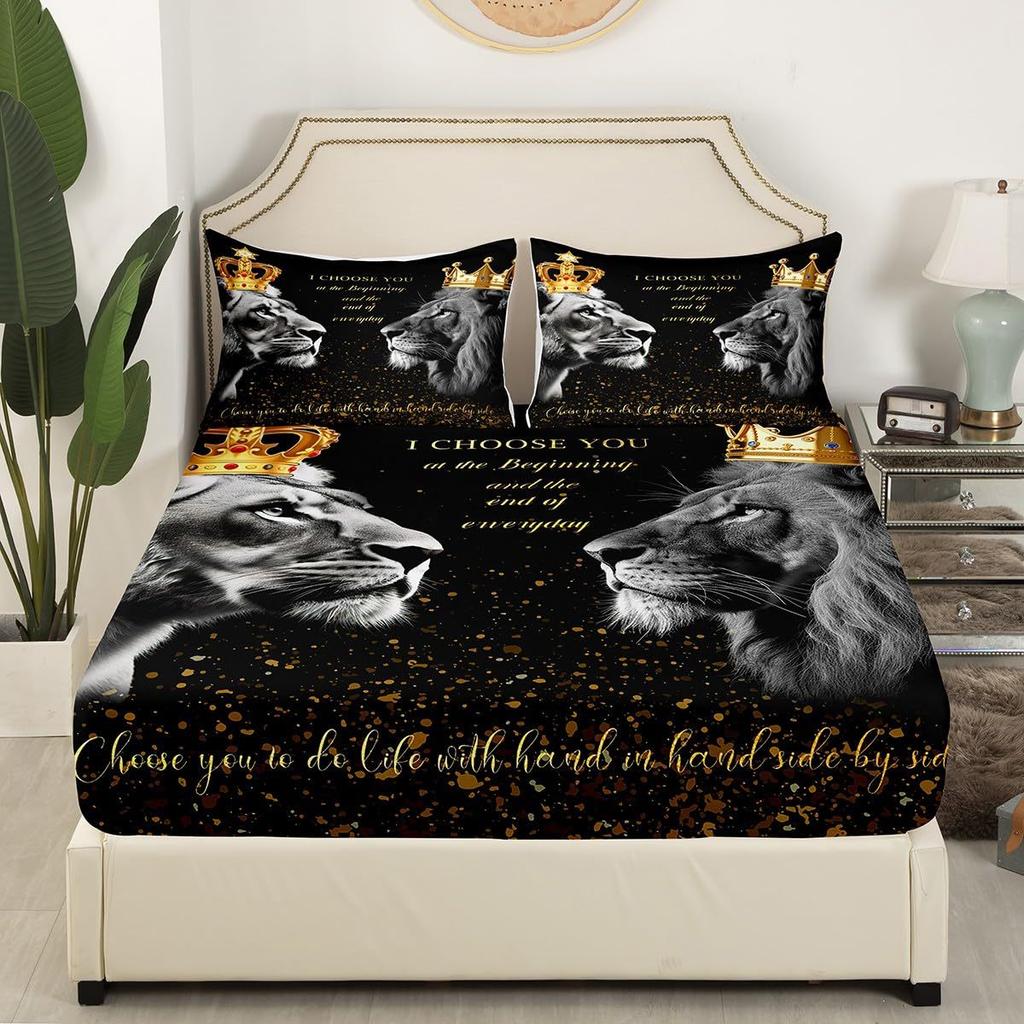 Матрас с рисунком льва, трехпредметный, цифровая печать, для пары, черный, золотой, корона, покрывало, постельное белье