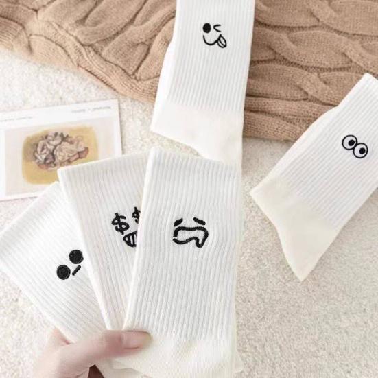 5 Pairs Unisex Winter Socks Cartoon Countenance Embroidery Mid-tube High Elasticity Wrapping Anti-slip Floor Socks Comfort Warmth Sleeping Socks