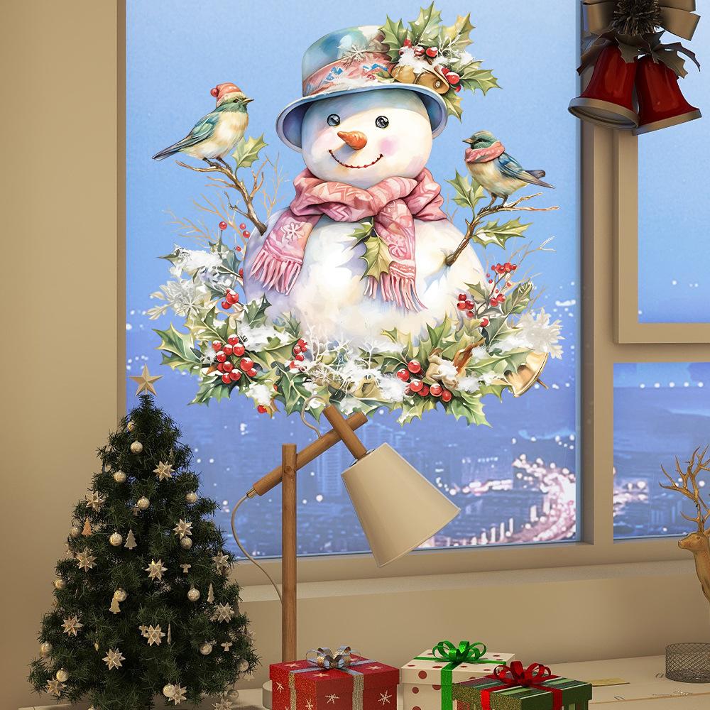 Christmas, Pink Scarf Snowman, Glass Sticker, Bedroom Balcony, Window Decoration, Glue Free, Electrostatic Sticker, Party Decoration