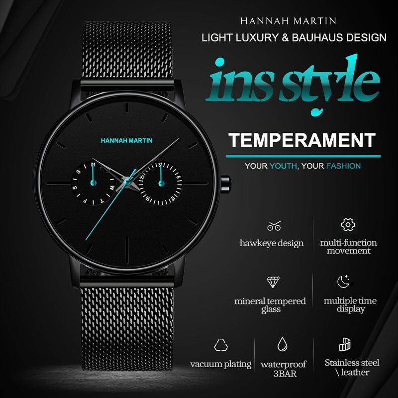 Hannah Martin Мужские часы Минималистичные мужские модные ультратонкие часы Простые мужские деловые кварцевые наручные часы с сетчатым ремнем из нержавеющей стали