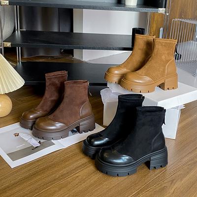 Узкие ботинки на толстом каблуке, короткие ботинки, женские, новые, осенние, замшевые, ретро, универсальные, увеличивающие рост, ботинки Мартин