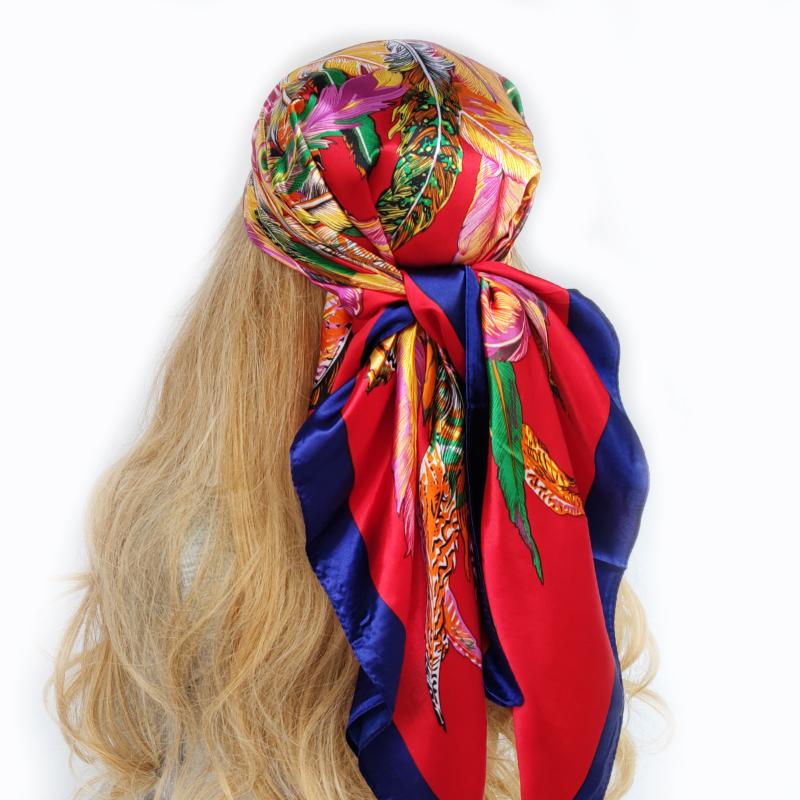Spring And Autumn Female Satin Scarf,Big Square Scarves Hijabs Printed,Women Scarf,Purple Polyester Silk Scarf Shawl 90*90cm