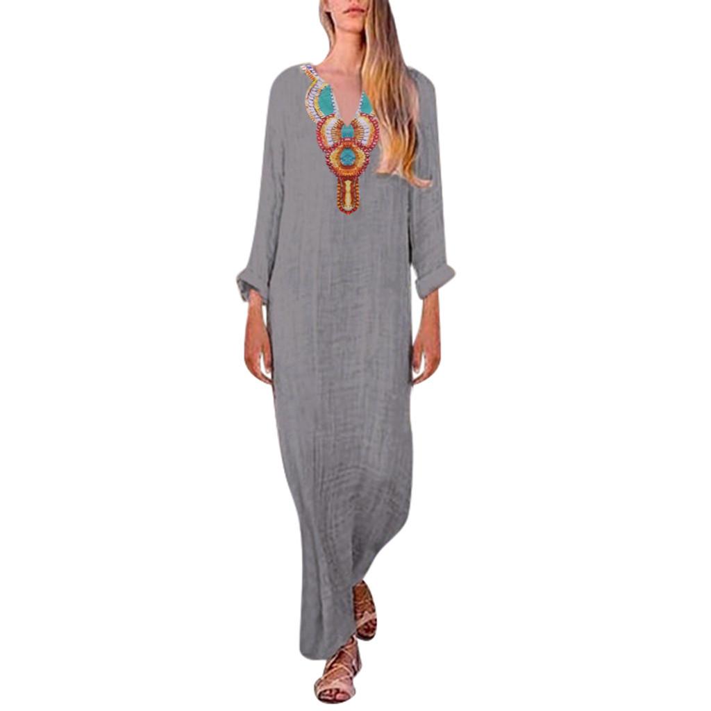 Женское платье макси с длинными рукавами и v-образным вырезом с принтом, мешковатый кафтан с разрезом по краю, длинное платье