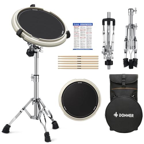 Donner 12-inch White Drum Practice Pad and Snare Drum Stand Kit with Quiet, High-Fidelity Stand, 3 Pairs of Drumsticks, and Storage Bag for Easy Trans