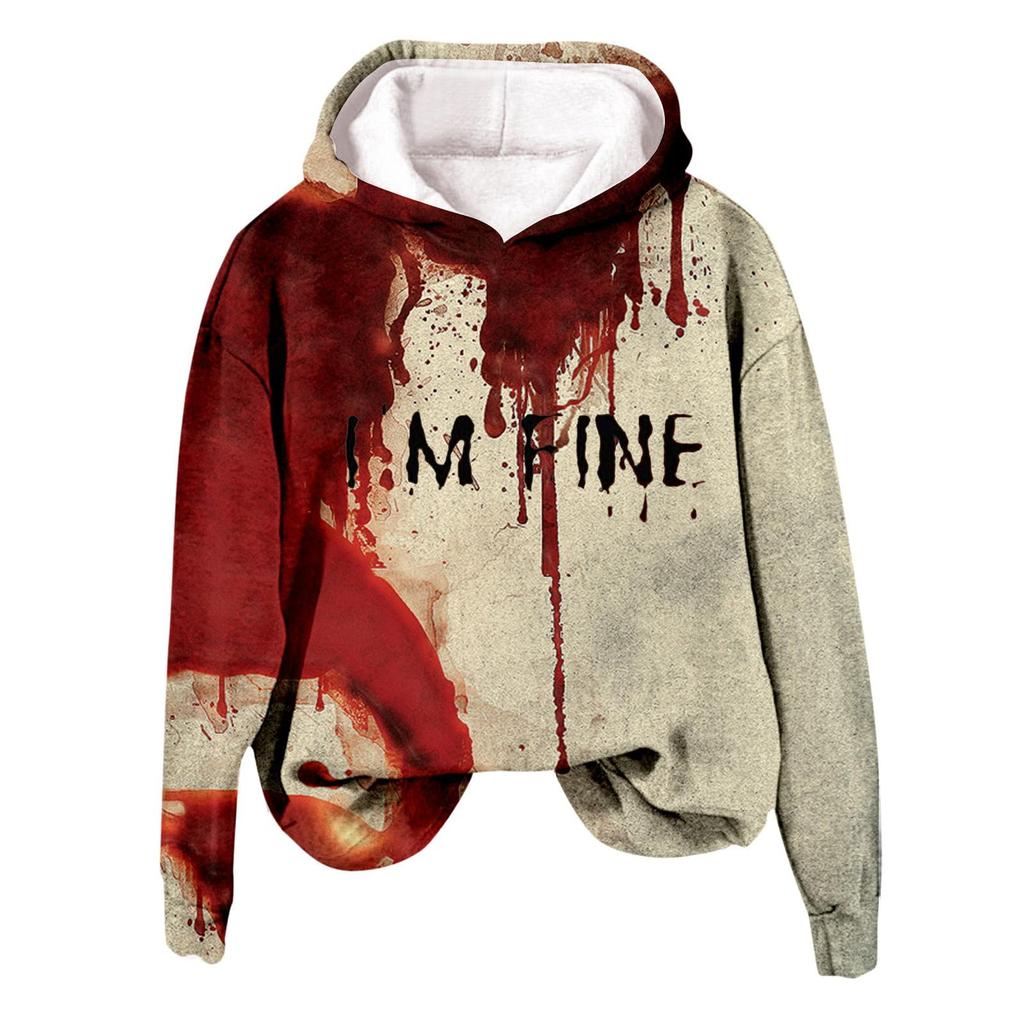 Women's 3D Bloody Letters Printed Long Sleeved Loose Hooded Sweatshirt New Halloween Ladies Casual Long Sleeved Pullover