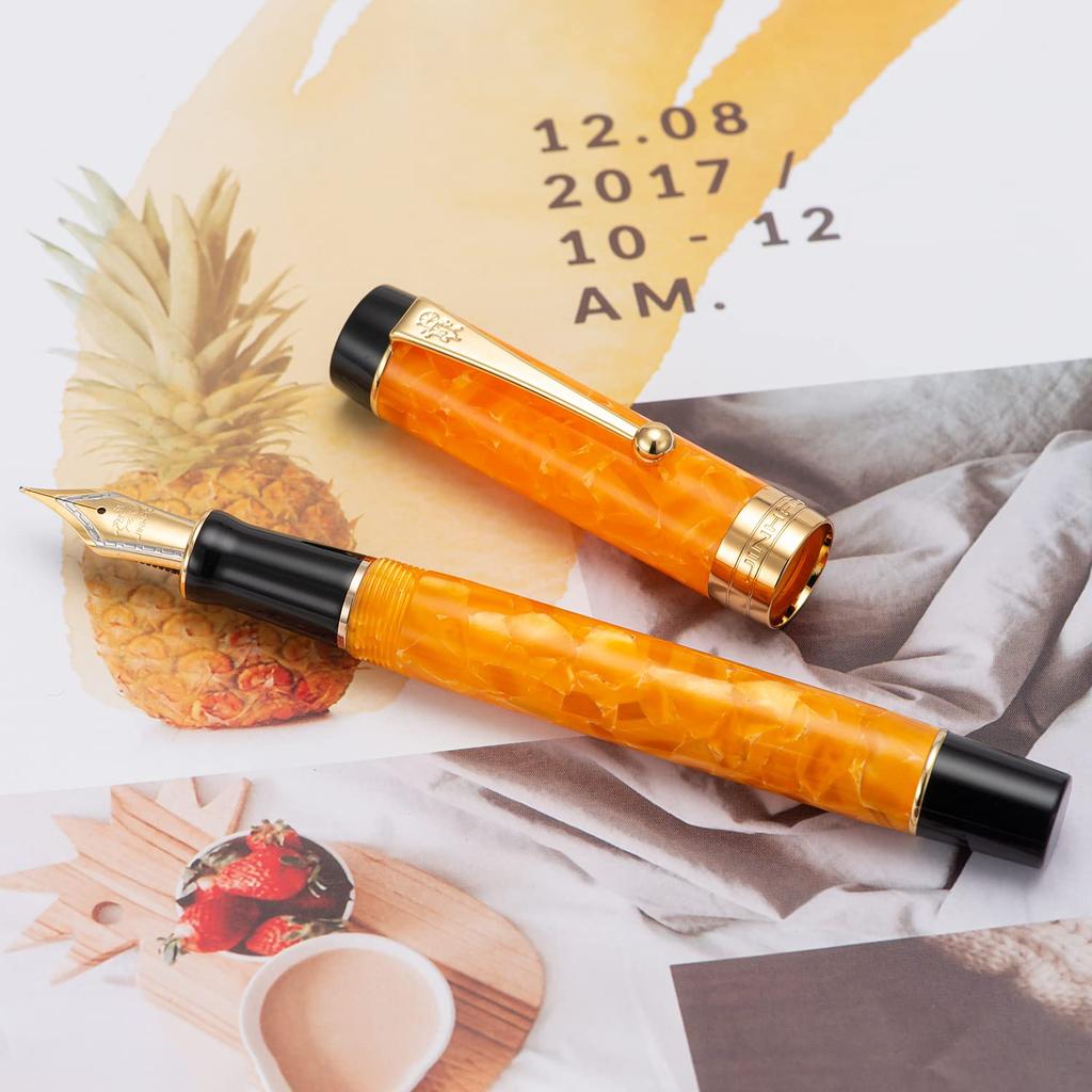 Jinhao 100 Classic Fountain Orange Marble Medium with Converter and Pen Case Set (Jinhao) Pen, Celluloid, Nib,