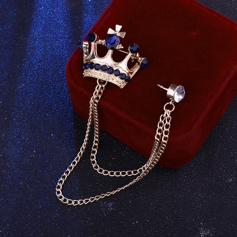 Crystal Men Brooch Pin Crown Fashion Collar Pins Suit Lapel Wedding Gift Jewelry Cross Chain