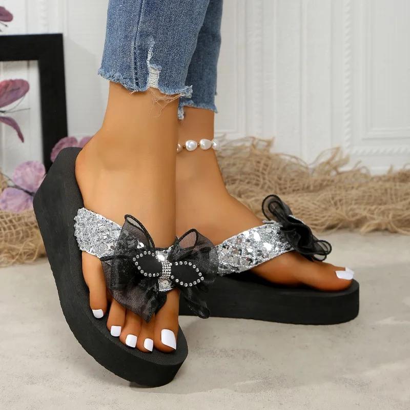 Обувь Женские шлепанцы Женские тапочки Большие размеры Повседневные сандалии Женские с круглым носком Платформа Клинья Женские сандалии с бантом