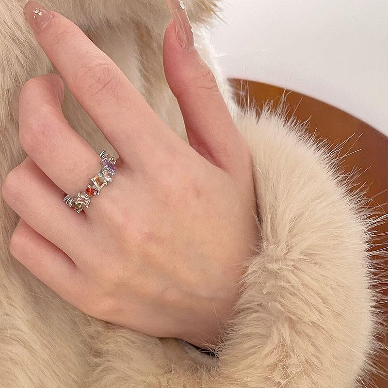 Color Trendy Rainbow Zircon Adjustable Open Ring For Women Fashionable Geometric Design 2023