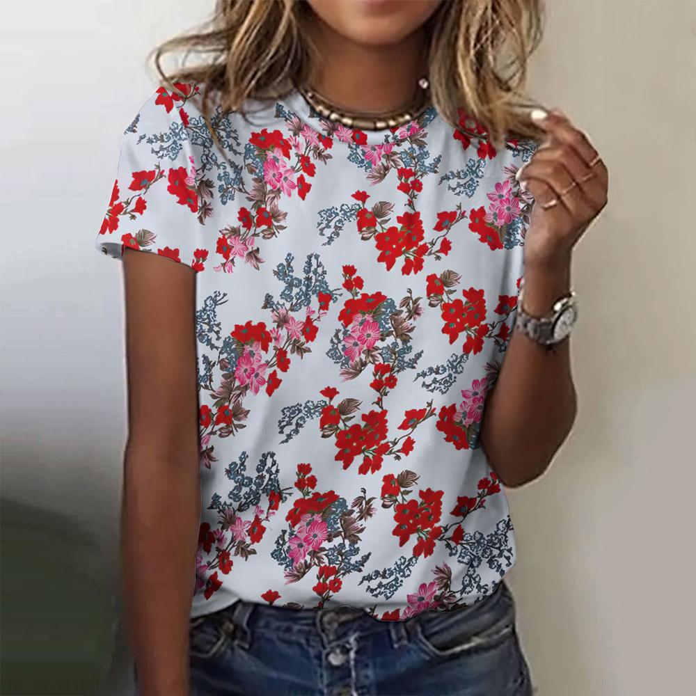 Футболка с 3D-цветочным принтом для женщин, новые футболки с круглым вырезом и коротким рукавом, женский повседневный пуловер для женщин, модные уличные топы