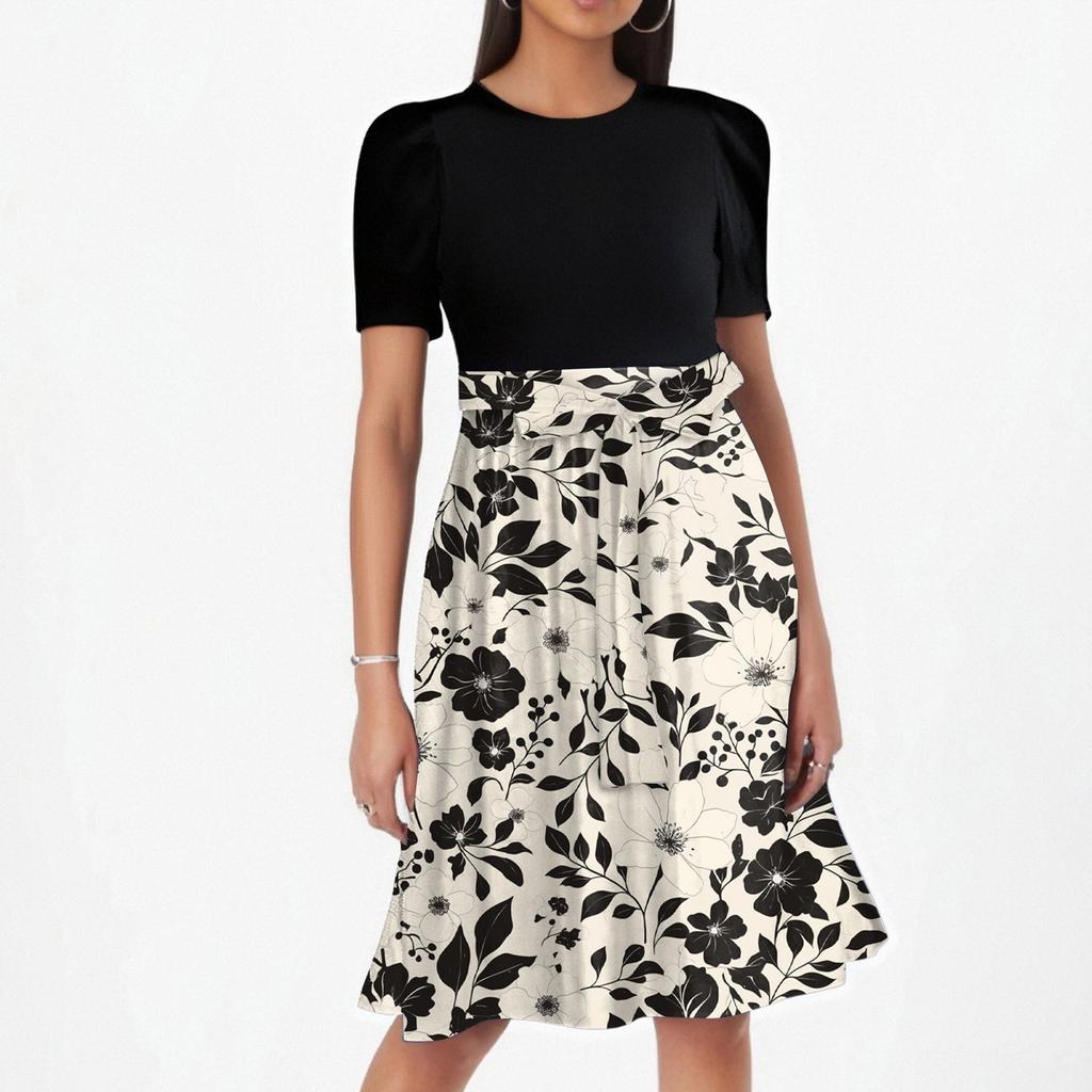 Women's Fashionable Casual Belt Short Sleeved Round Neck Printed Patchwork Dress