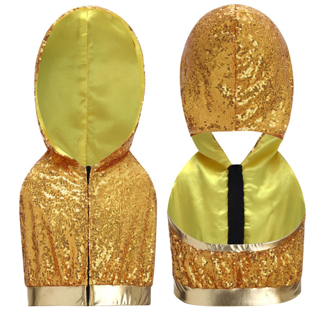 Sleeveless Backless Hooded Crop Top for Girls: Front Zipper Sparkling Sequins Dancewear for Hip-Hop Jazz Performance