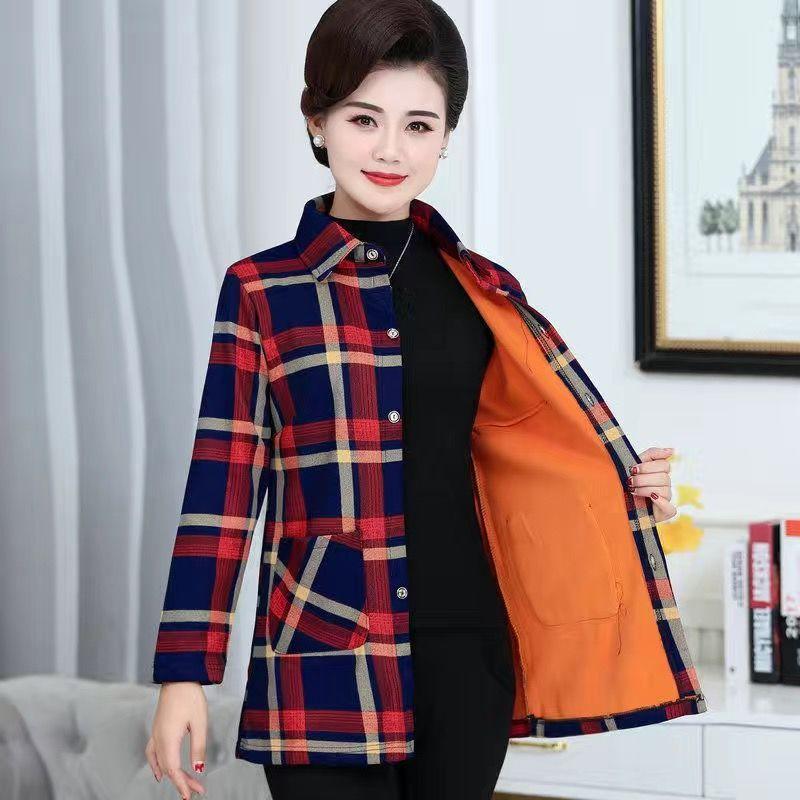Women's Large Size Thickened Warm Plaid Shirt Large Size Stand-up Collar Casual Shirt Long Warm Shirt
