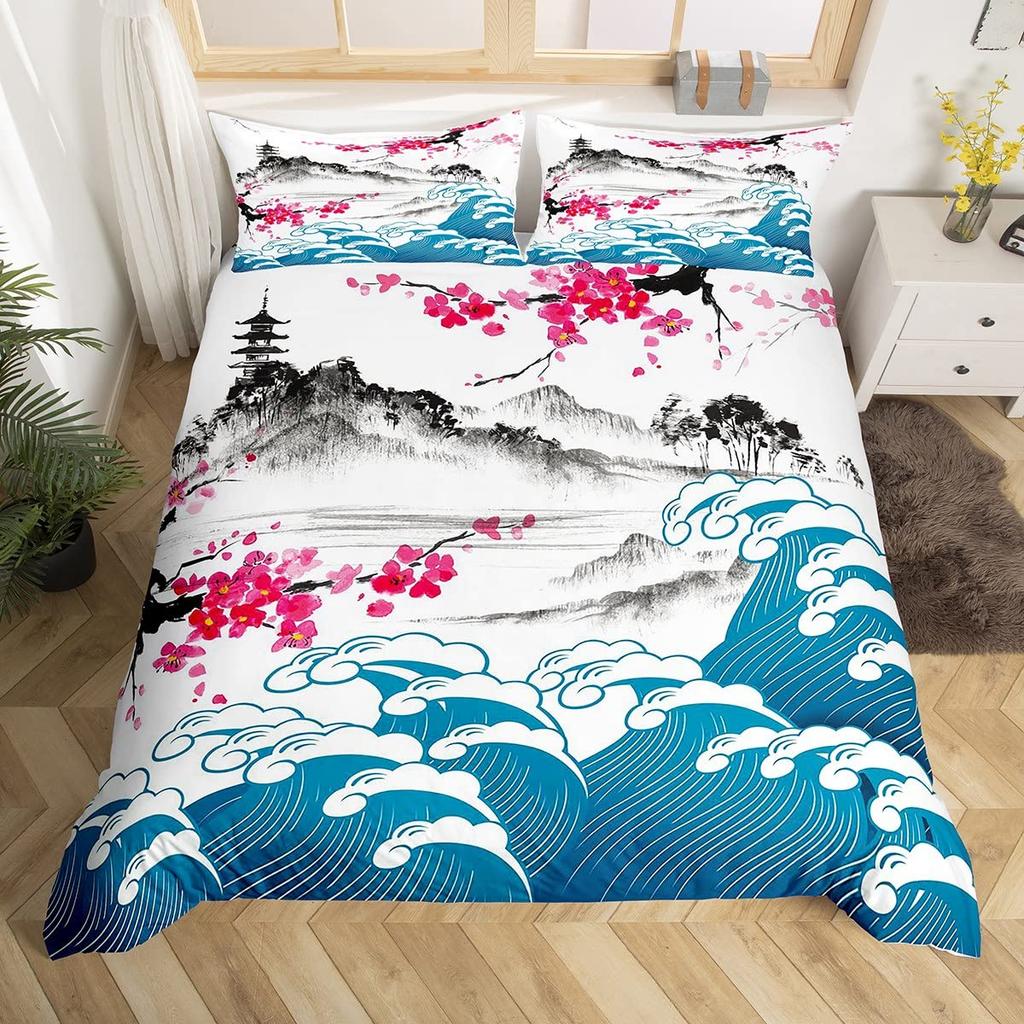 Японское Укиё-э Король Королева Пододеяльник Золотая Рыба Хокусай Постельный Комплект Журавль Волна Пододеяльник Красное Солнце Полиэстер Чехол для Одеяла