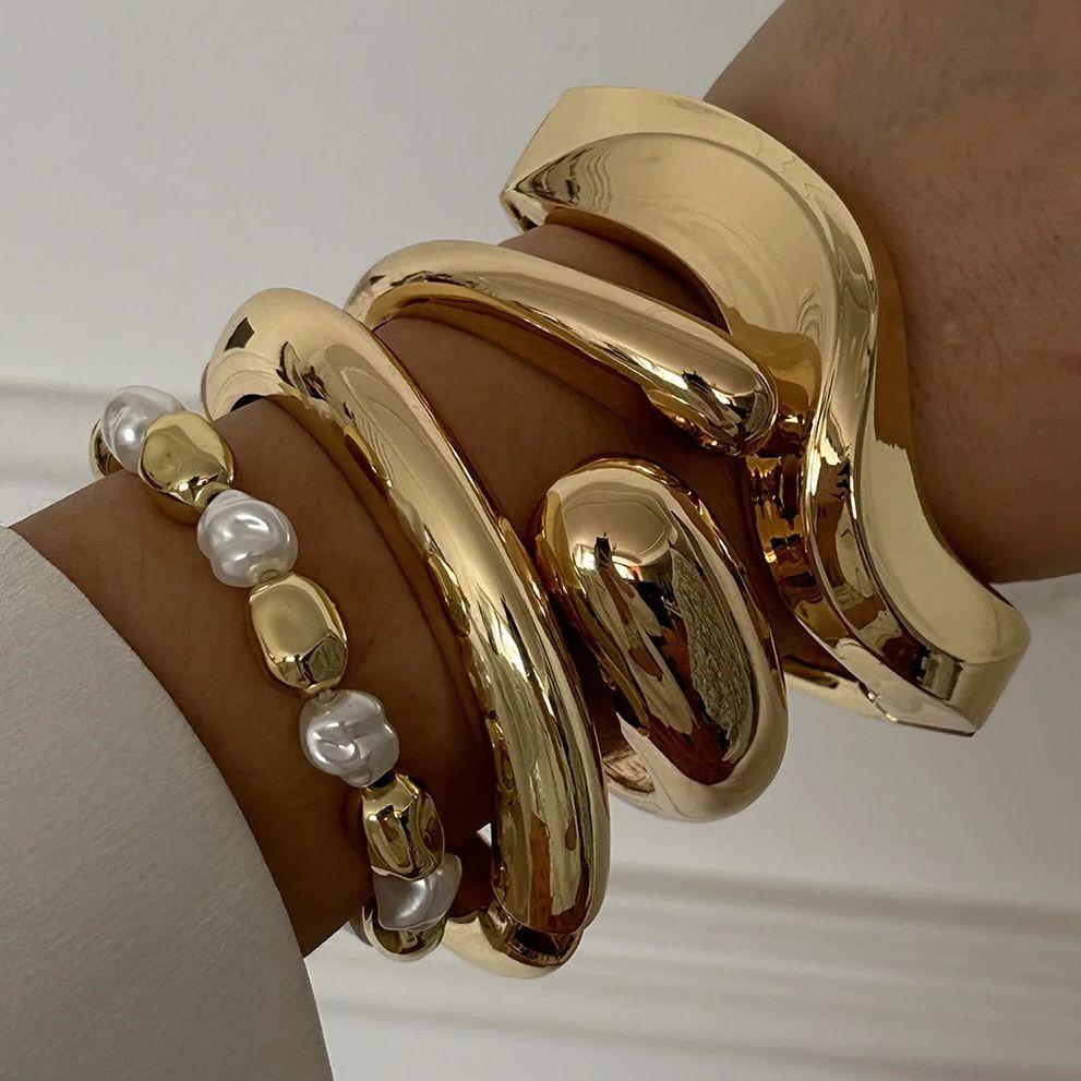 Винтажный металлический браслет с волнистым плетением, гладкий, неправильной формы, для женщин, преувеличенный геометрический массивный браслет-манжета, панк-хип-хоп украшение