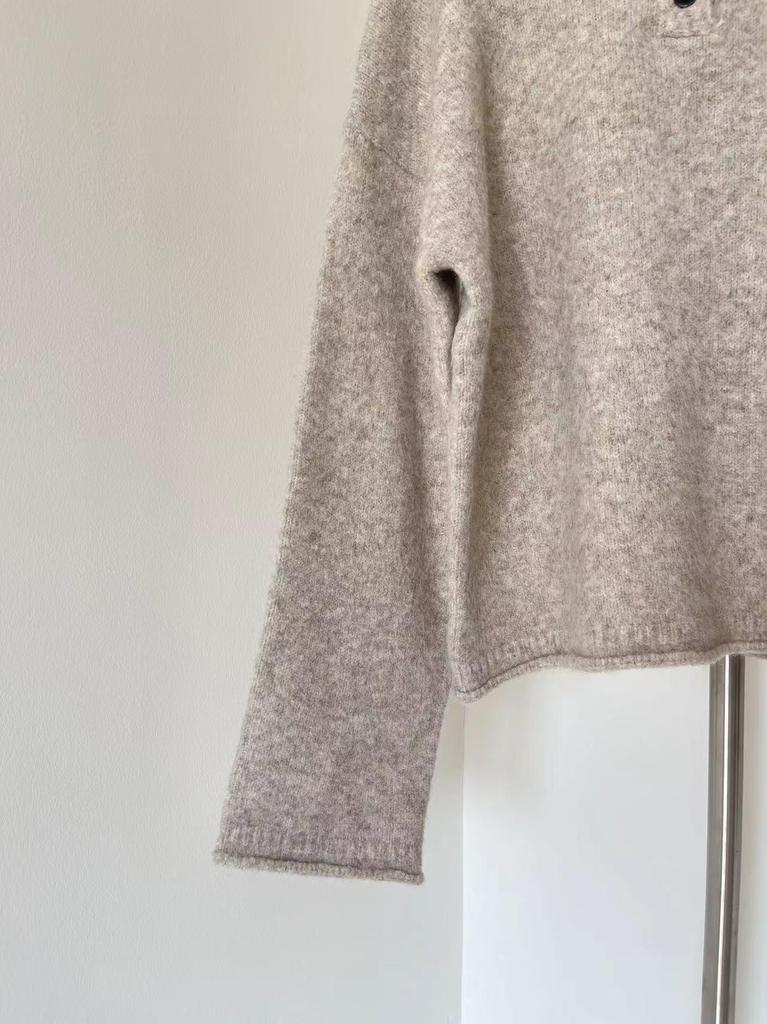Women's Wool Henley Button-Up Loose Sweater - Autumn/Winter Lazy Style with Rolled Hem, Thick Knit