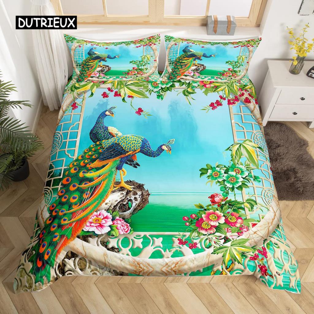 Peacock Duvet Cover Set Microfiber Gorgeous Blue Feather Comforter Cover Pink Flower Soft 2/3Pcs Birds Animal Theme Quilt Cover