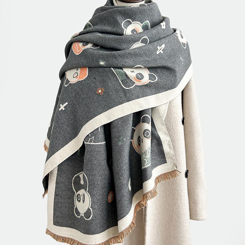 Winter New Cute Panda Scarf Double Sided Imitation Cashmere Shawl Versatile Fashion Thickened Warm Scarf