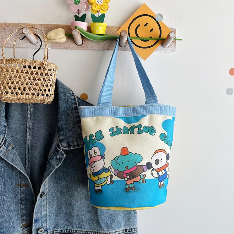 Прекрасная сумка-ведро с мультяшным принтом, портативная холщовая сумка-тоут, студенческая сумка-цилиндр для обеда