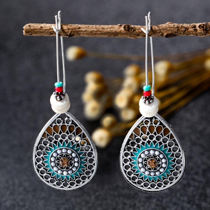 Vintage Hollow Water Drop Metal Earrings For Women Alloy Crystal Ethnic Beads Boho Colorful Flower Dangle Earrings Jewelry Gifts