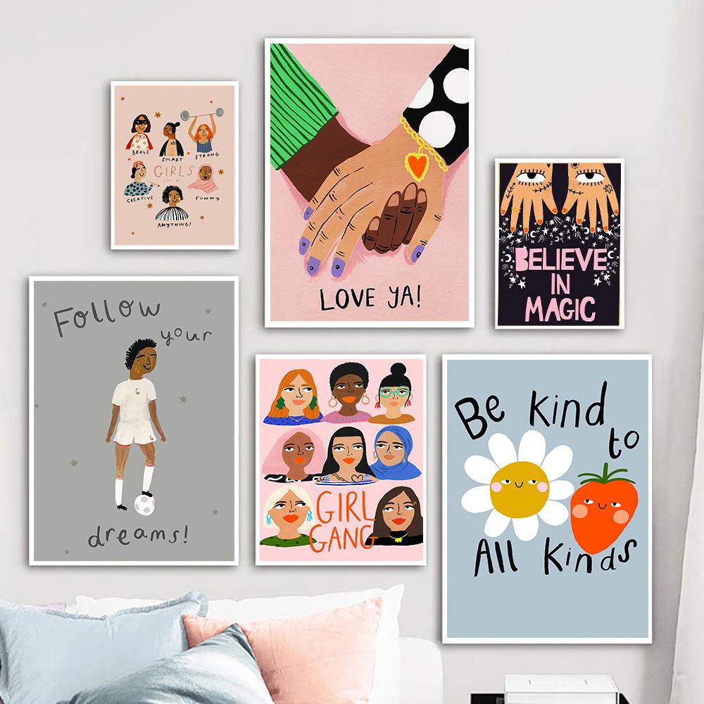 Феминистские плакаты Girl Power, настенные художественные принты, картины, будьте добры ко всем видам, цитаты, холст, живопись для гостиной, украшение дома