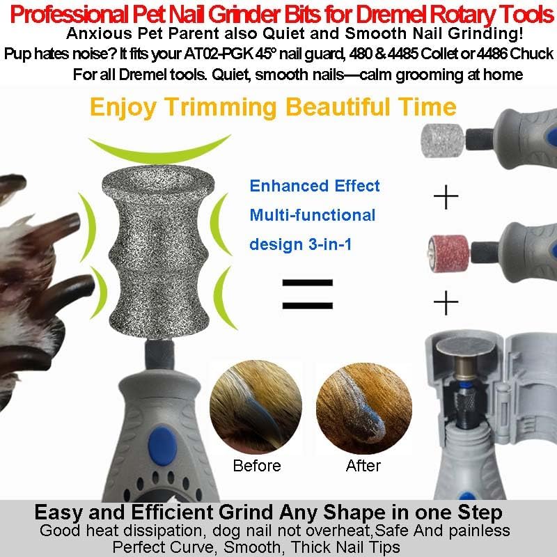 Fit Dremel Dog Nail Grinder Attachment - Diamond Bits & Replacement Heads for 7350 & 7760, Refills Tips for Thick Nails Grooming, Safe Grinding Pets
