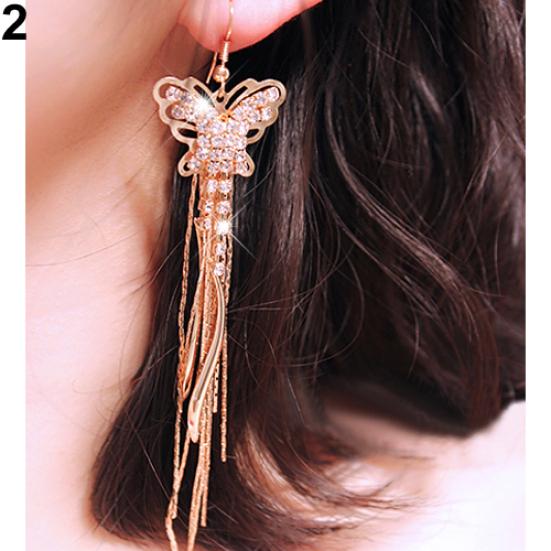 Женские линейные серьги с длинными кисточками и стразами, бабочкой, полумесяцем и луной