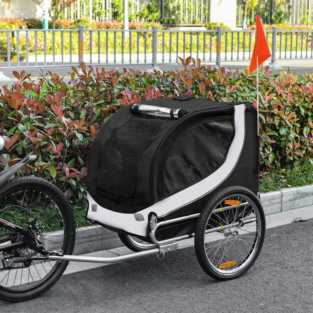 Medium Dog Bike Trailer with Side Windows and Flag, 130x73x90 cm, Black and White