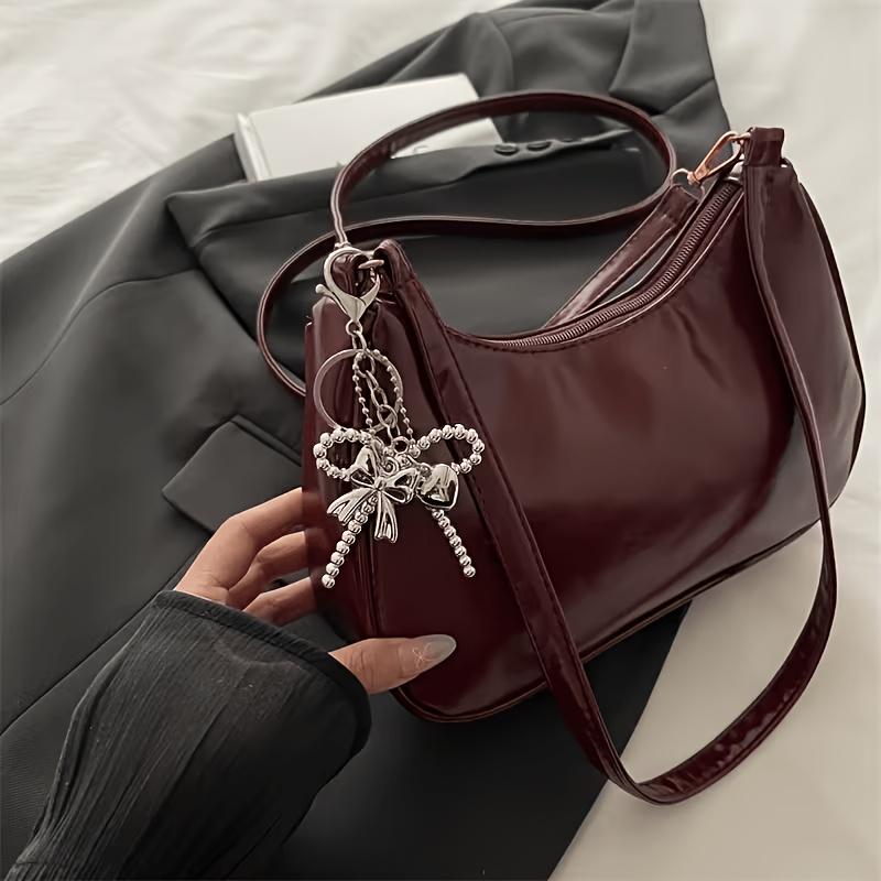 2026 New Chic and Simple Trendy Chain Shoulder Bag, Half-Moon Shaped Bag with Bow Charm, Solid Color Crossbody Bag for a Sexy Girl