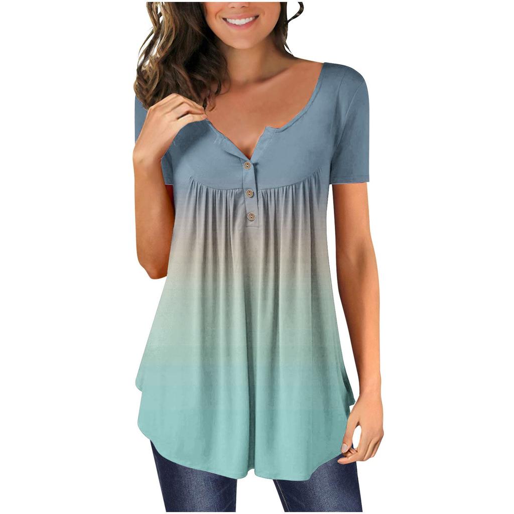 Женская туника с коротким рукавом, свободные топы, повседневные топы больших размеров, плиссированная туника на пуговицах, повседневные летние топы с цветочным принтом для женщин