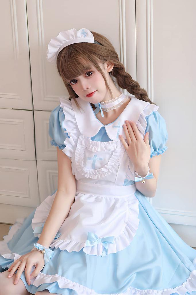 Костюм горничной для косплея, 4 цвета в наличии, костюм на Хэллоуин, черный, красный, синий, розовый, фартук, короткий рукав, милый костюм для мероприятий Moe, платье для взрослых