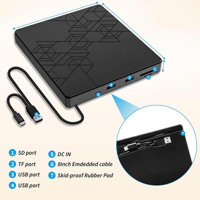 Внешний CD/DVD-привод, USB 3.0 DVD CD-резак с 2 портами USB и 2 слотами для карт TF/SD, DVD-плеер для ноутбука, Mac, ПК, Windows 11/10