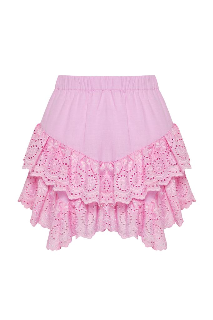 Women's Fashion New Skirt Pink Mini Woven Embroidery Detailed Skirt