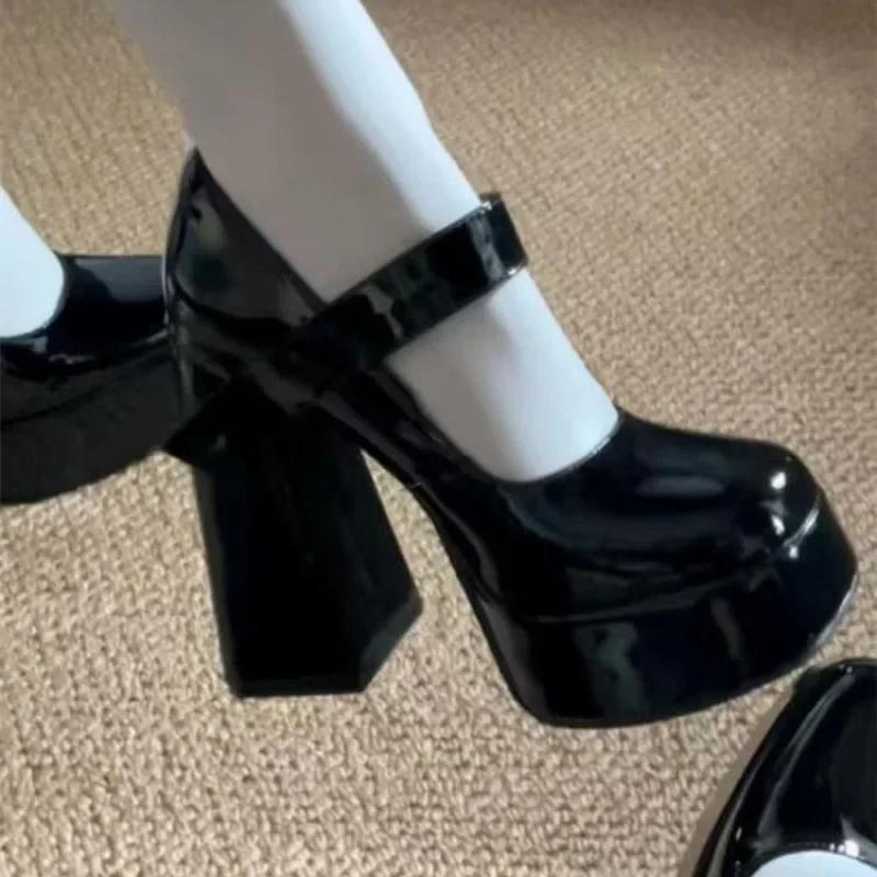Французский дизайн Туфли-лодочки на высоком каблуке Женские черные туфли Американский стиль Средний каблук Одинарные туфли Полиуретан Улучшенная версия