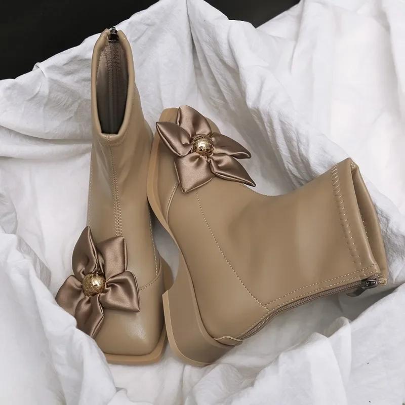 Модная обувь для женщин 2024 года, модные женские ботинки на молнии, зимние, с квадратным носком, с цветами, однотонные, короткие, на толстом каблуке, ботинки Zapatos Mujer