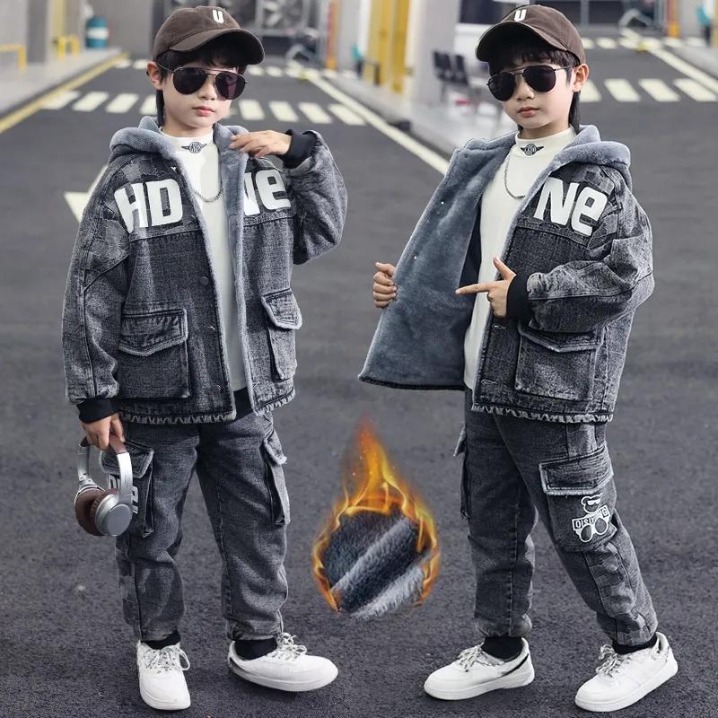 Velvet Suit for Boys Girls Winter Children's Two-piece Winter Denim Suit, Insulated Clothes for Big Boys and Boys