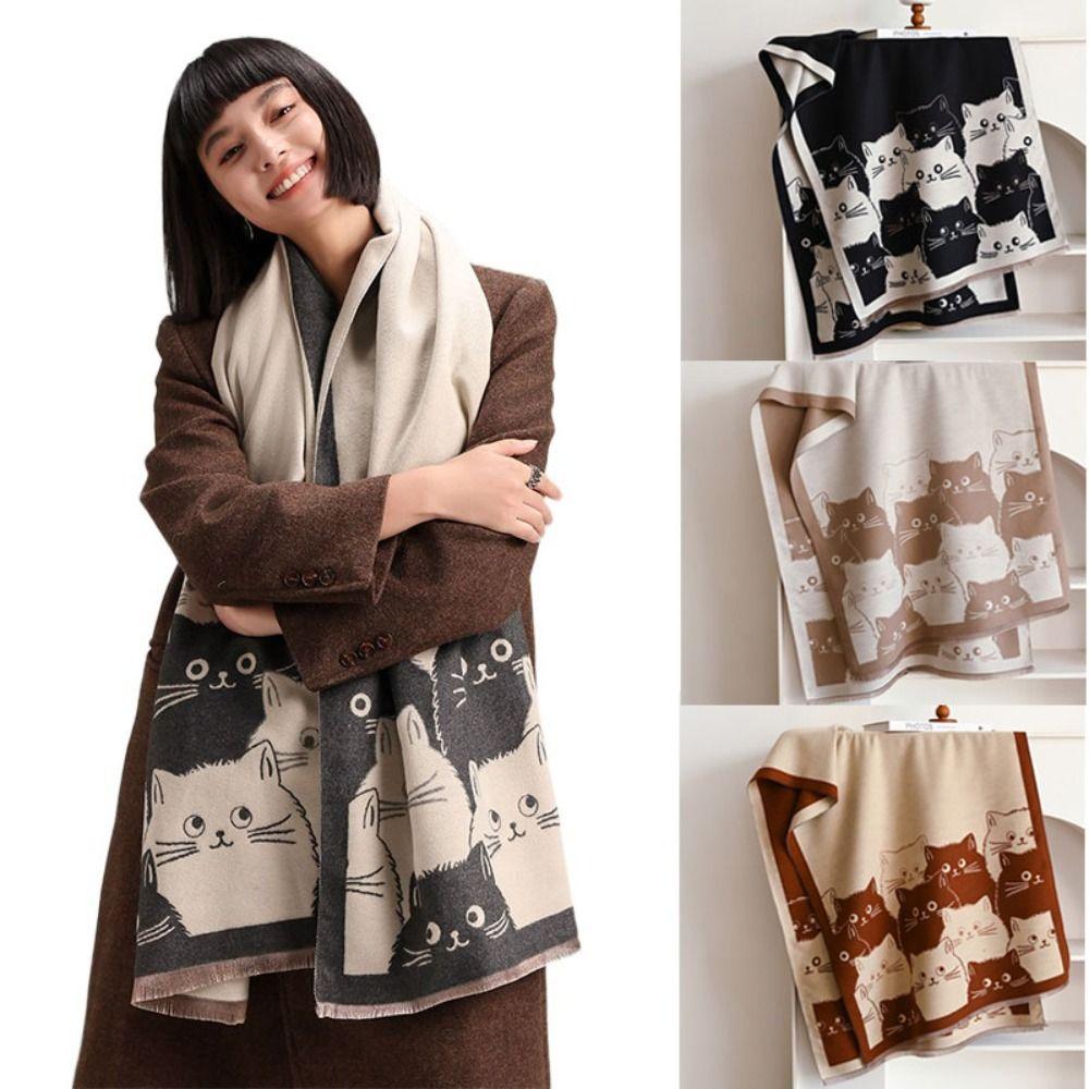 Cute Cat Imitation Cashmere Scarf Thick Warmth Winter Scarf Elegant Style Shawl Autumn Winter