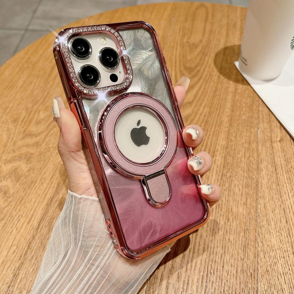 Подходит для чехла для телефона Iphone15, Алмаз для вспышки объектива, Apple 14promax, Градиентное перо, 13 Металлическая подставка, Жесткий чехол