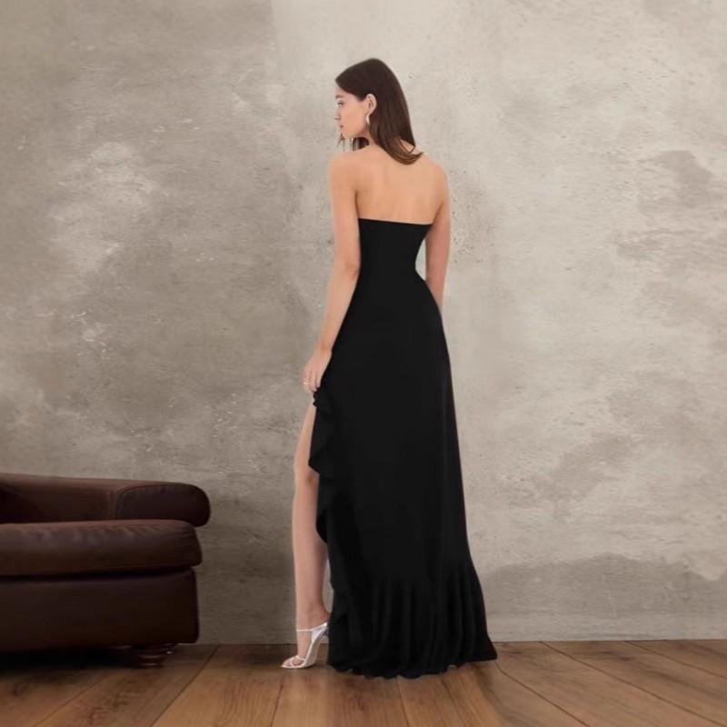 Strapless Evening Dress With Ruffle Side Slit Solid Color Slim Fit Long Gown Women