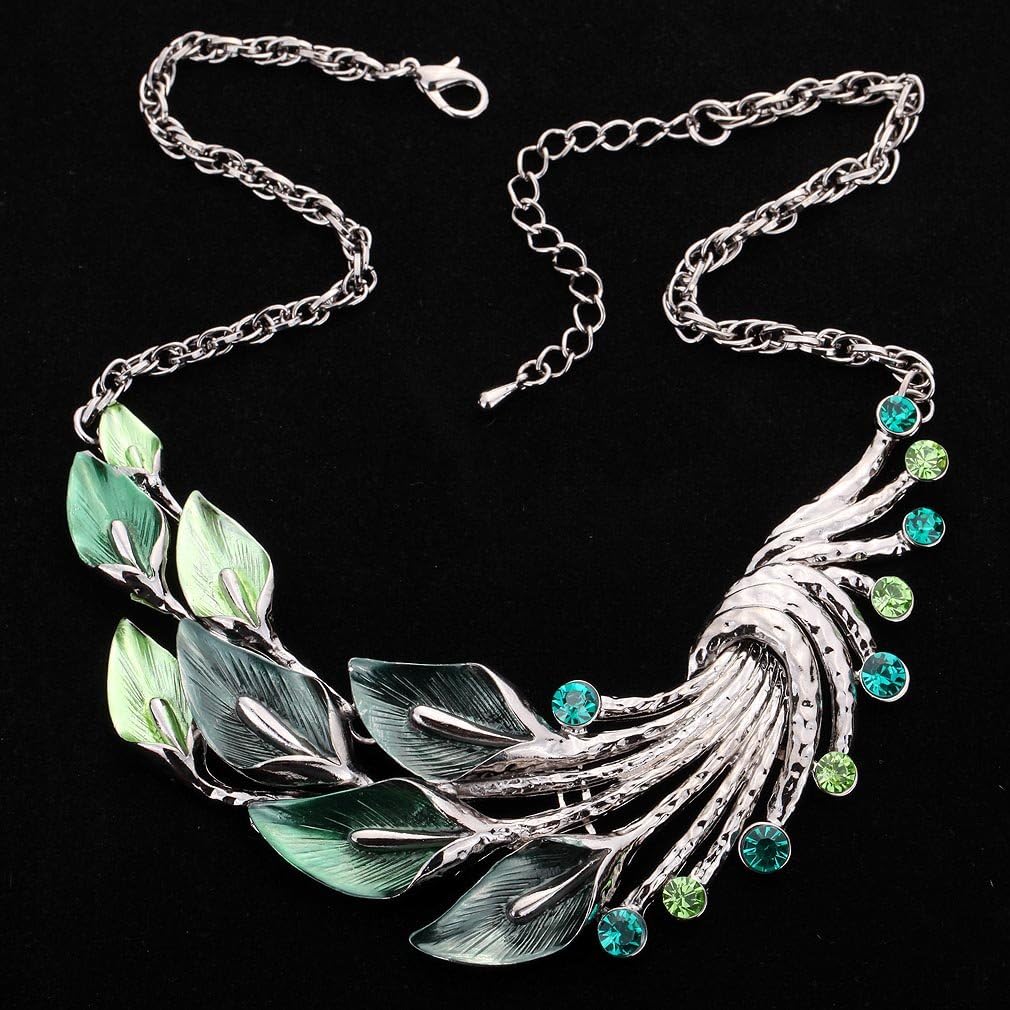 YAZILIND Ethnic Style Tibetan Silver Peacock Crystal Chunky Bib Earrings Necklace Set Wedding Party