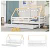 Children's Bed Fliek House Bed 200x90cm with Fall Protection and Slatted Frame, Daybed with Rollers Underneath for Girls & Boys, White+Natural-colored