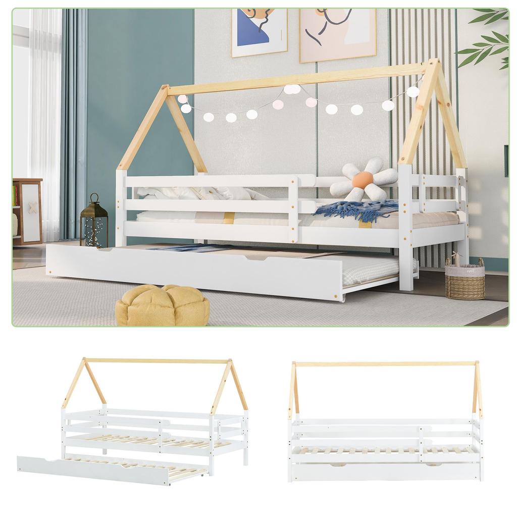 Children's Bed Fliek House Bed 200x90cm with Fall Protection and Slatted Frame, Daybed with Rollers Underneath for Girls & Boys, White+Natural-colored