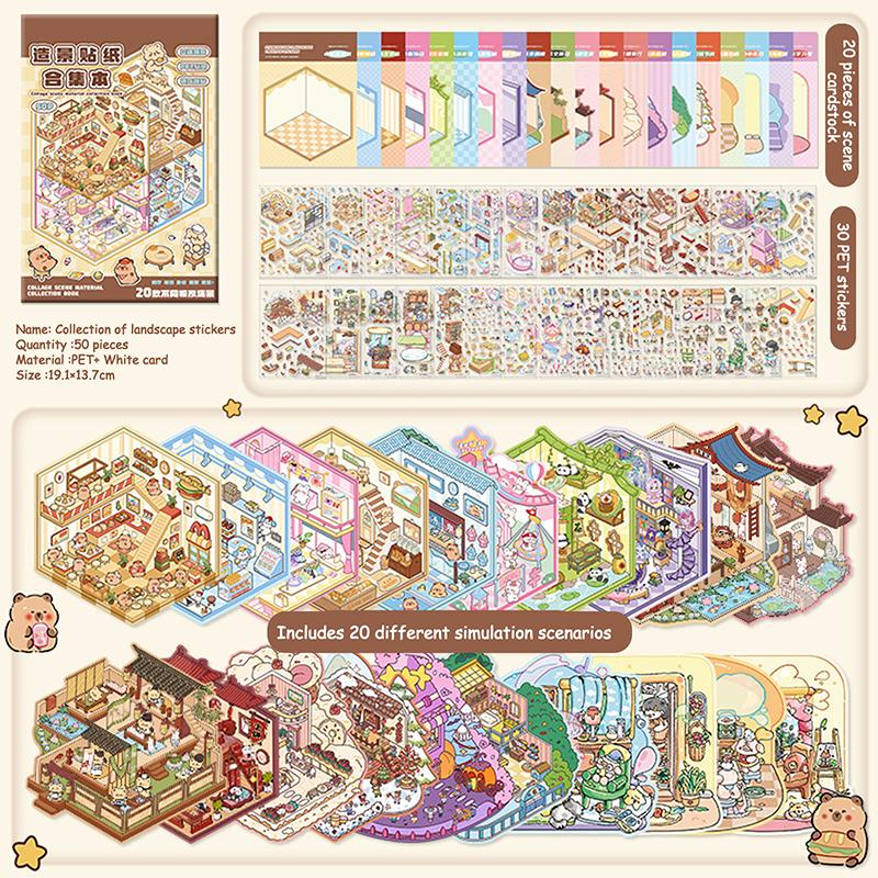 Милая Капибара 3D Пейзаж Наклейки Коллекция Книга Альбом Мультфильм Миниатюрная Сцена Diy Игрушка Игра Подарки на День Рождения