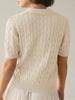 Women's Cable Knit V Neck Short Sleeve Pullover Sweater Solid Lapel Detail Casual Top