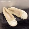 Женские балетки с бантом и короткими каблуками, меховые короткие плюшевые туфли с пряжкой, 2025, модные дизайнерские элегантные платья, зимние женские туфли
