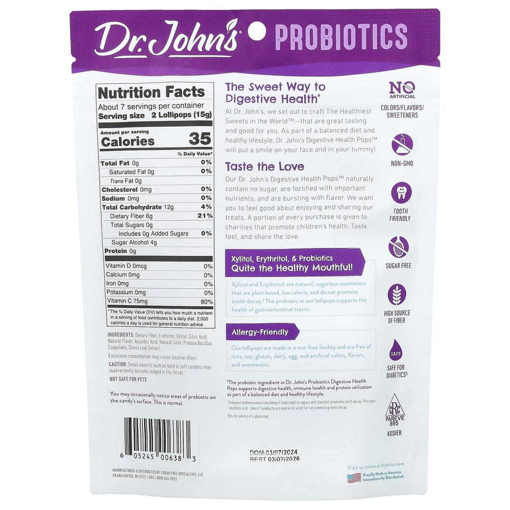 Dr. John's Healthy Sweets Пробиотики, Digestive Health Pops™, + Клетчатка и витамин C, Клубника, Персик и Яблоко, 109г (3.85 унции)