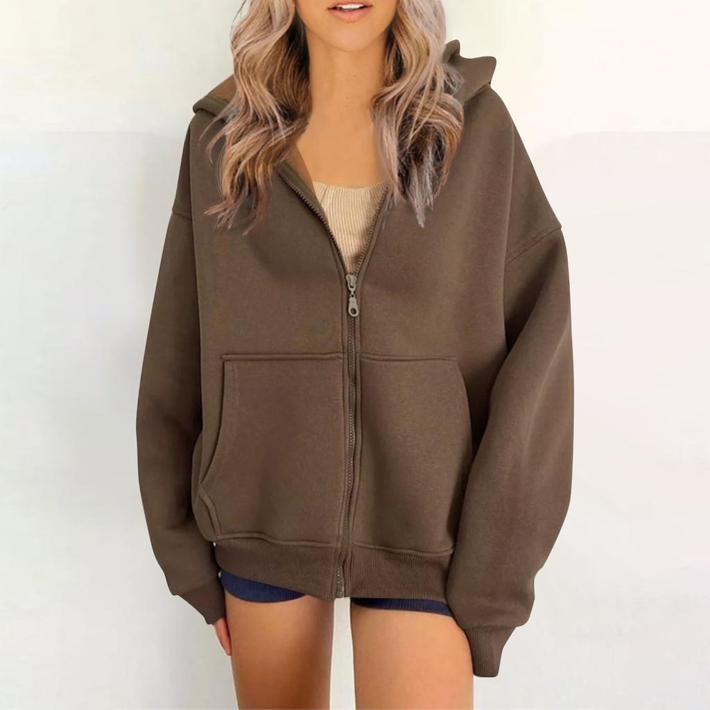 Women's Plain Color Casual Zipper Hooded Cardigan Coat With Pockets